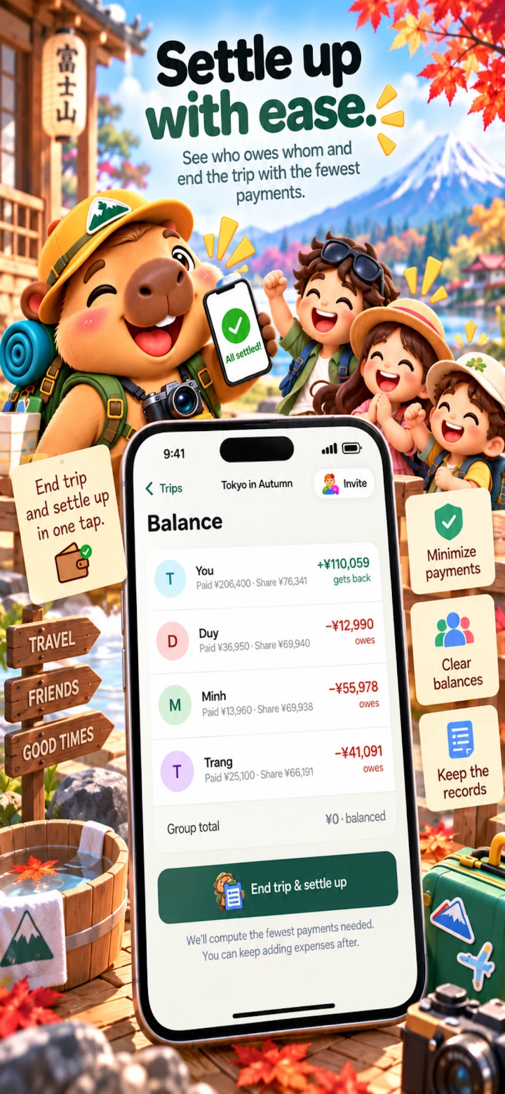Travel Money Split — Settle up with ease: balances and the fewest payments