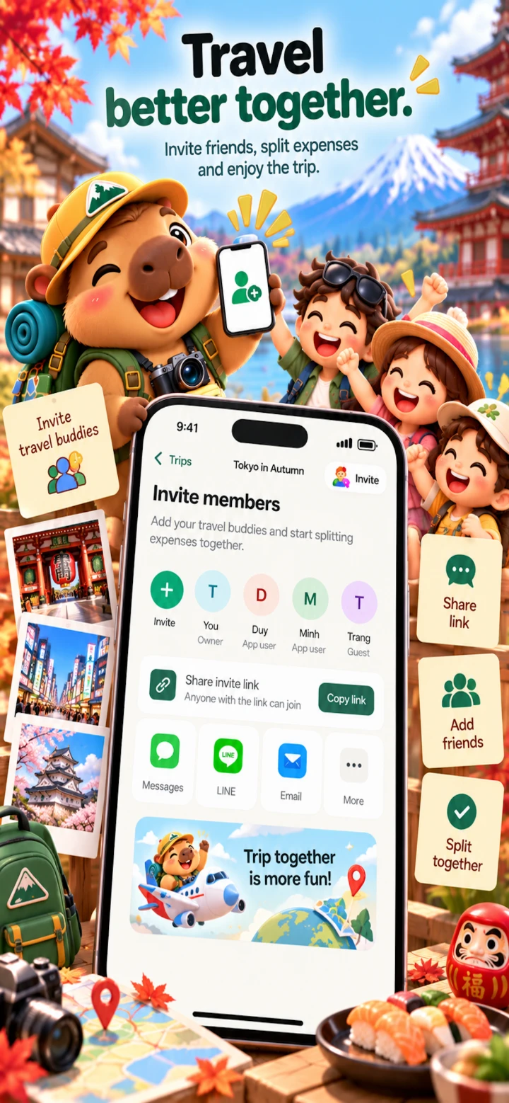 Travel Money Split — Travel better together: invite friends with a share link