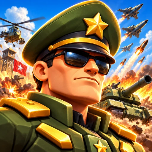 Warpack: Arsenal Commander app icon — a commander in a peaked cap and sunglasses, with tanks, helicopters and jets behind him