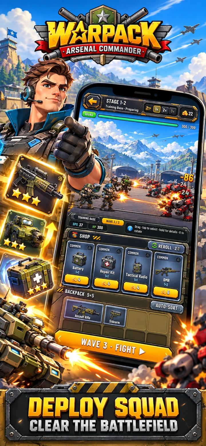 Warpack: Arsenal Commander — Deploy your squad: the shop and 5×5 backpack before a wave at the Training Base