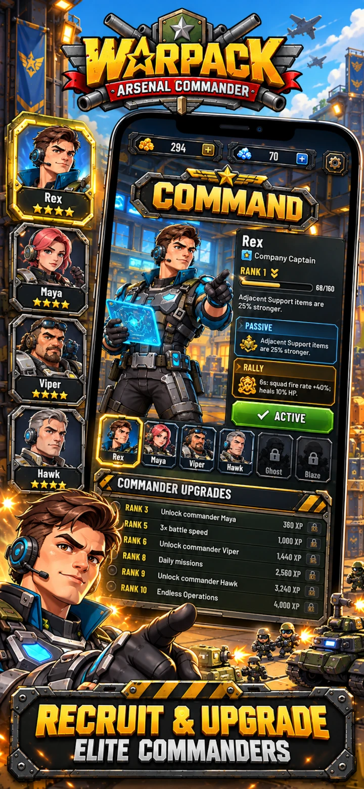 Warpack: Arsenal Commander — Recruit and upgrade elite commanders Rex, Maya, Viper and Hawk